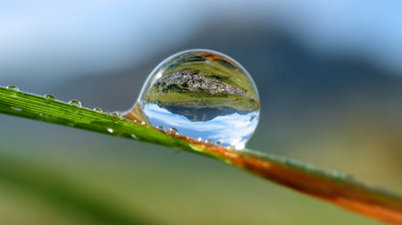 Water drop on grass blade close up. Nature background with copy space.の素材