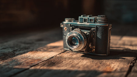 Vintage camera on a wooden background. Selective focus. Shallow depth of fieldの素材