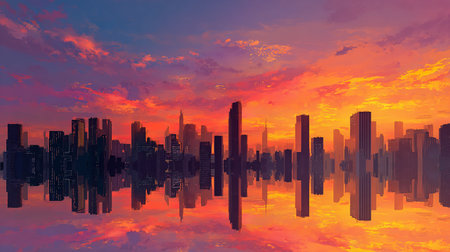 Futuristic cityscape with skyscrapers and clouds at sunsetの素材