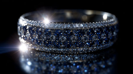 Wedding ring with diamonds on a black background with a flash of lightの素材
