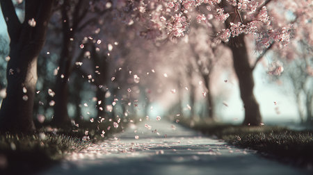 cherry blossom trees in spring time with sunbeams.の素材
