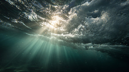 Underwater view of the sunbeams breaking through the water surfaceの素材