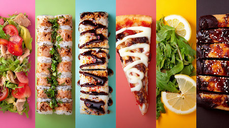 Collage of delicious sushi rolls on colorful background, top view.の素材