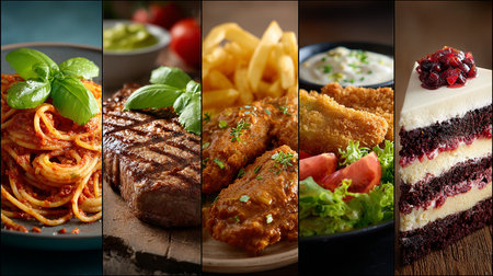 Collage of different types of meat on a wooden background. Selective focus.の素材