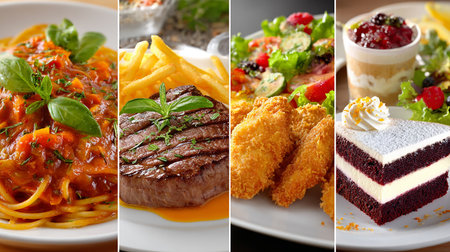 Collage of different delicious dishes with meat and vegetables, closeupの素材