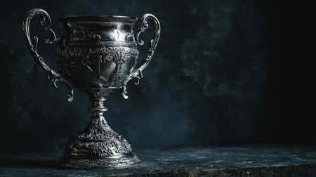 Vintage silver trophy on dark background. Copy space for text.の素材