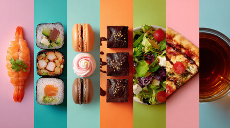 Different types of sushi and rolls on colorful background. Top view.の素材