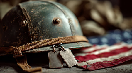 American military helmet and dog tags. Selective focus. Toned.の素材