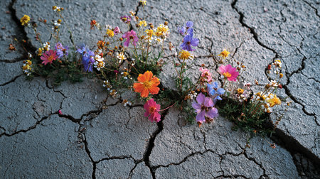 Dry cracked earth with colorful flowers. Conceptual image of droughtの素材