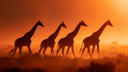 Group of giraffes in the savanna at sunset. Wildlife backgroundの素材