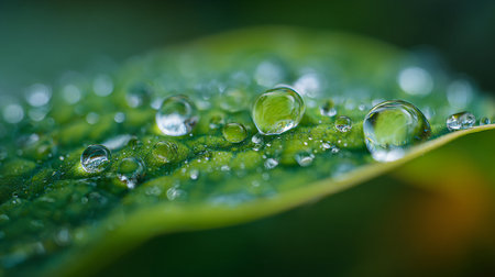 Water drops on green leaf. Nature background. Shallow depth of field.の素材