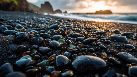 Sunset on the beach with pebble stones and water dropsの素材
