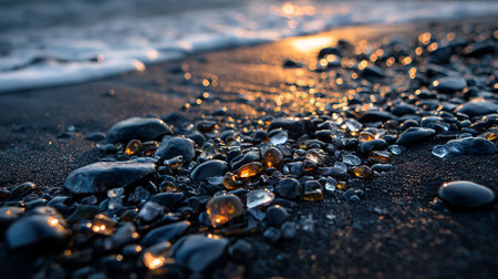 wet pebbles on the black sand near the sea at sunsetの素材