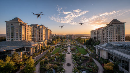 Drone quadcopter flies over the city of Sofia, Bulgariaの素材