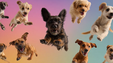 Group of cute dogs jumping in the air on a multicolored backgroundの素材