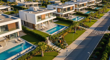 Aerial view of modern luxury villas and swimming pool in Dubai, United Arab Emiratesの素材