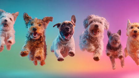 Funny dogs jumping in the air on a colorful background. Studio shot.の素材