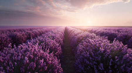 Sunset over blooming lavender field in Provence, Franceの素材