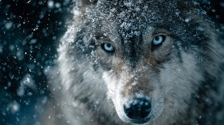 Close-up portrait of a wolf in the snow. Animal themeの素材