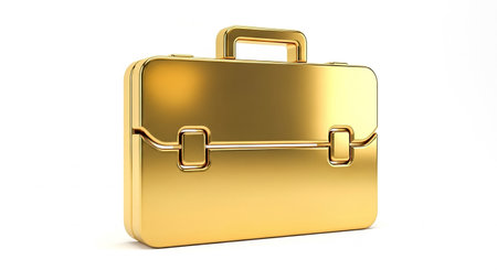 Gold briefcase on a white background. 3d rendering. Computer digital drawing.の素材