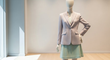 Women's suit in the shop window. Blurred background and bokeh.の素材