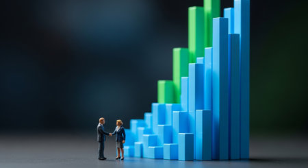 Businessman and businesswoman shaking hands in front of a graph.の素材