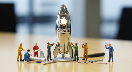 Miniature people : Businessman and business team working with a rocketの素材