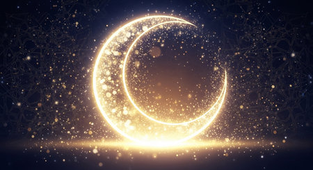 Abstract background with golden crescent moon and sparkles. Vector illustration.の素材