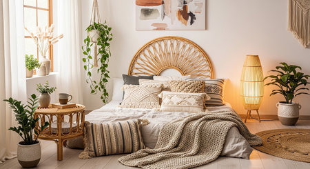 Stylish bedroom interior design with wooden bed, pillows and plantsの素材