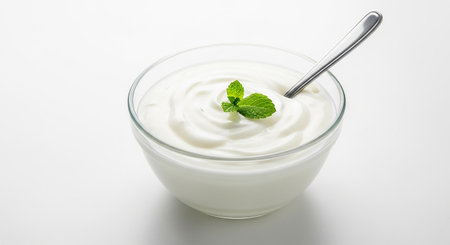 Greek yogurt in a glass bowl with mint leaves on a white backgroundの素材