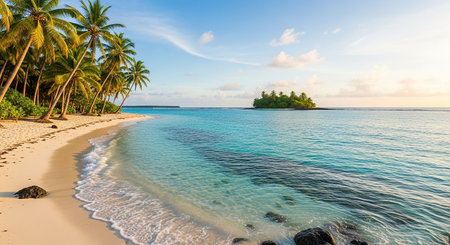 Beautiful tropical beach with coconut palm trees at sunset, Seychellesの素材
