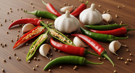 Spices and garlic on wooden table, closeup. Food ingredientsの素材