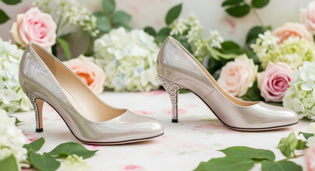 Wedding shoes with flowers on the background. Wedding concept.の素材