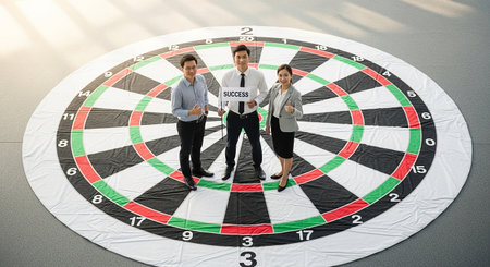 Business people standing in front of dartboard in office. Business conceptの素材