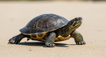 turtle on the sand, close-up of a tortoiseの素材