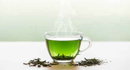 Green tea in a glass cup on a white wooden table on a green backgroundの素材