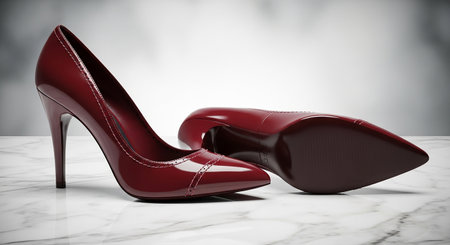 High heel women shoes on white marble background 3D rendering image.の素材