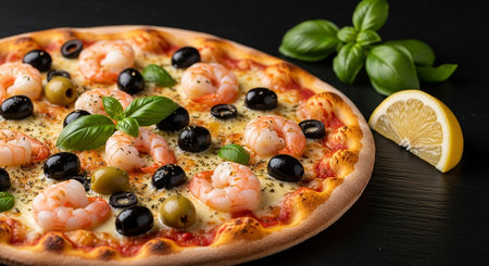 Pizza with shrimp, olives and basil on a black backgroundの素材