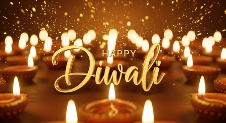 Happy Diwali card with burning diya lamps and golden textの素材
