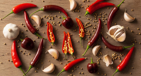 Red hot chili peppers, garlic and peppercorns on wooden backgroundの素材