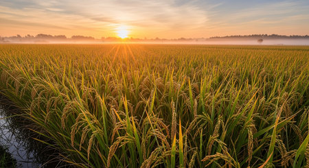 Rice field in the morning at sunrise in the countryside of Thailand.の素材