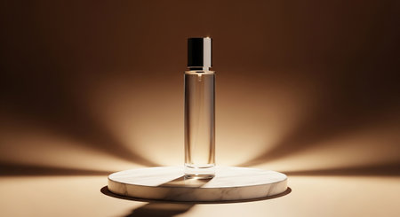 Perfume bottle on white podium with shadow on brown background.の素材