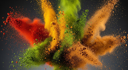 Explosion of coloured powder, 3D rendering isolated on black backgroundの素材
