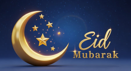 Eid Mubarak greeting card with golden crescent moon and stars on dark blue backgroundの素材