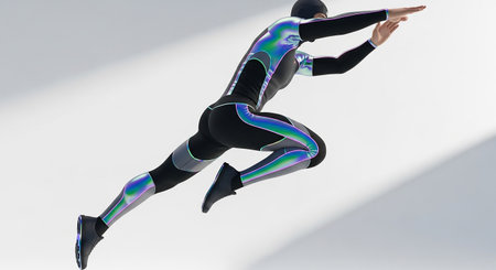 Cyborg with a glowing body running in front of a white backgroundの素材