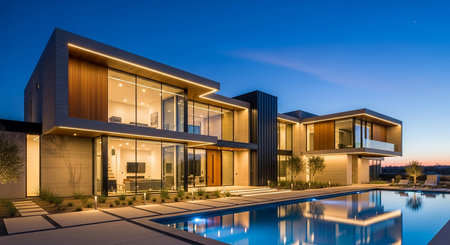 Exterior of modern cozy house with swimming pool and garage. Evening.の素材