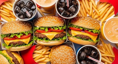 Close up of hamburgers, french fries and cola.の素材