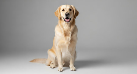 Studio shot of a beautiful Golden Retriever sitting against grey background.の素材