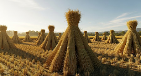 3d rendering of rice straws in the field ready for harvestの素材