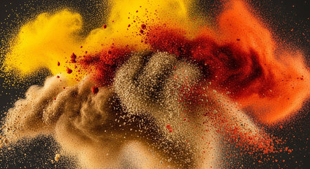 Explosion of colored powder isolated on black background. Abstract colored backgroundの素材